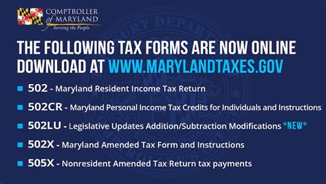 Md taxes - Individuals. Embracing technology and its advantages, the Comptroller of Maryland offers many online services to make filing a Maryland tax return easy, convenient, and fast. Additionally, the agency's other online service for tax bill paying, unclaimed property searches and hearing requests can be found in this section.